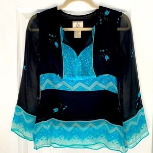 ICE Blue And Black Vintage Silk Henley Peplum Blouse. Size PP